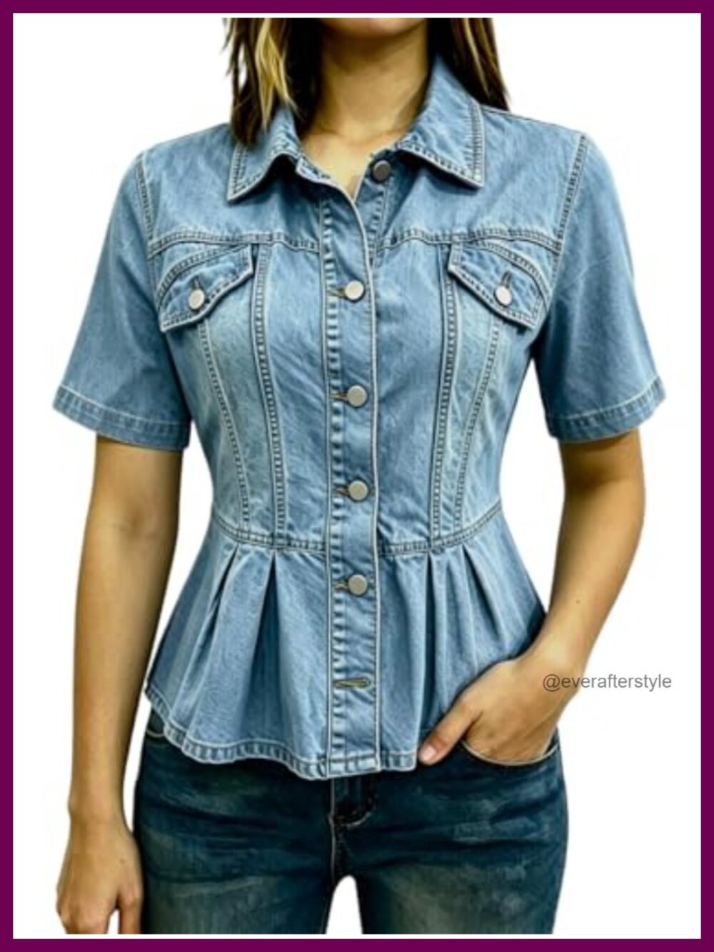 Peplum Denim Jacket Women Short Sleeve Button Down Raw Hem Pockets Cropped Jean